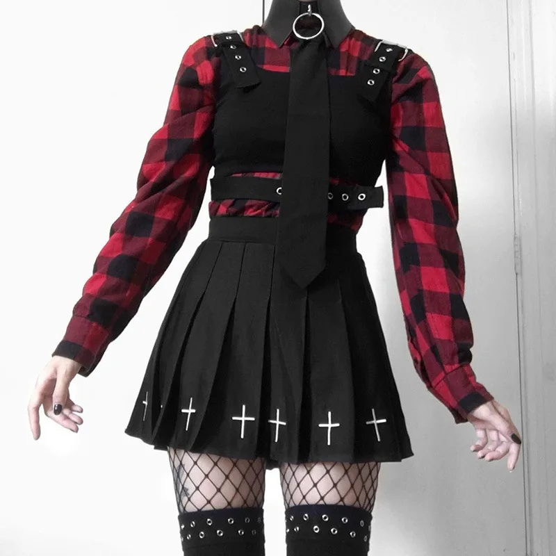 High Waist Mini Black Skirts Gothic Streetwear Cross Print Pleated Women Skirts Casual College Lolita Harajuku Skirt