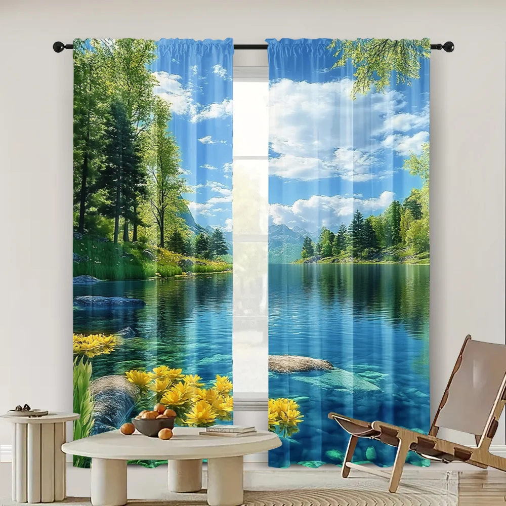 2pc,   Window Curtains curtainRivers, blue skies and white clouds Versatile Polyester Fabric,Without Electricity Holiday