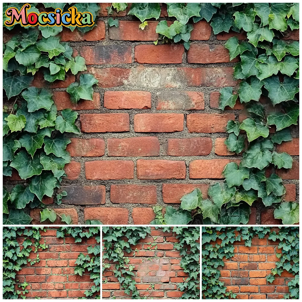 

Mocsicka Vintage Red Brick Wall Photography Backdrop Rustic Green Leaves Ivy Background Studio Room Decors Nature Party Tapestry