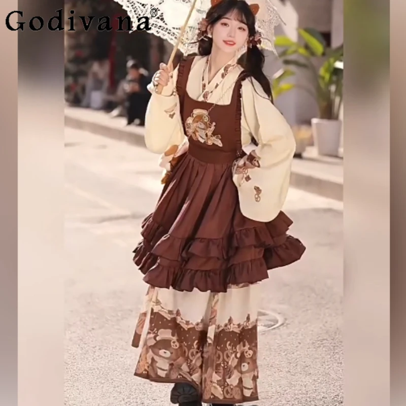 

Spring Chinese High Waist A-line Elegant Print Skirt Long Sleeve V-Neck Shirt Sweet Girl Ruffles Apron Lolita Three-piece Sets