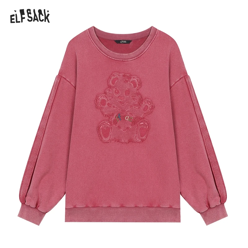 ELFSACK 2024 Autumn New Arrivals Lazy Style Bear Round Neck Loose Thin Sweatshirt for Women