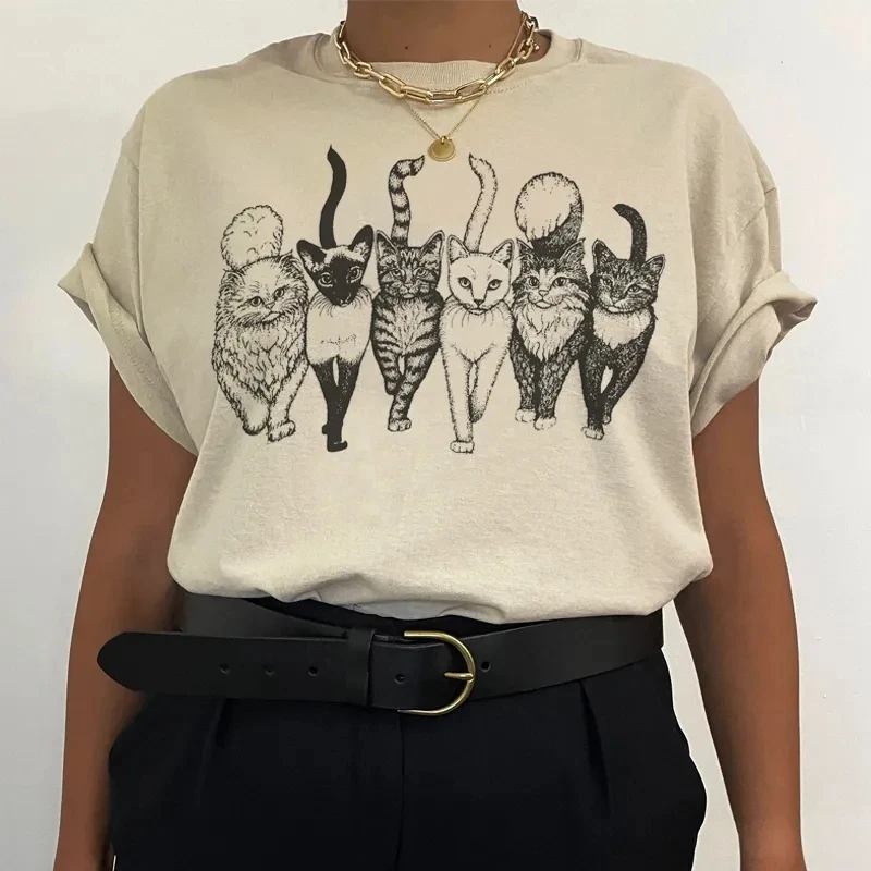 Cat Gang Drawing Women T-Shirt Female Summer Casual Cotton Graphic Tee Vintage Fashion Cute Aesthetic Funny