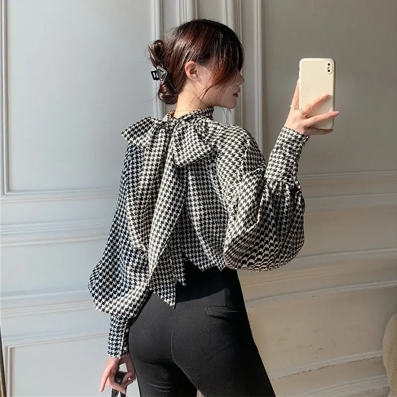 Blouses Women Long Sleeve Houndstooth Sweet Elegant Spring All-match Design Females Trendy Leisure Chic Korean Style Daily New