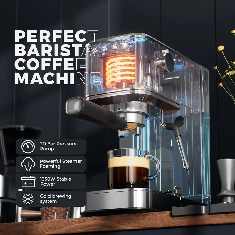 1.2L Touch Control Espresso Machine with Steam Wand Milk Frother for Cold Brew Hot Iced Coffee Latte Cappuccino Home Use