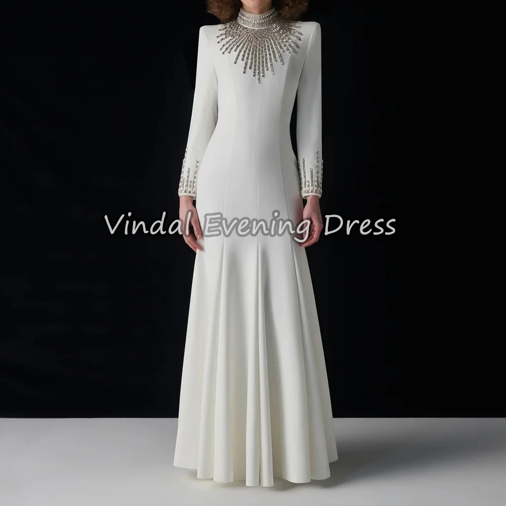 

Vindal Crepe Mermaid O-neck Beading Draped Floor Length Simple Saudi Arab Evening Party Dresses For Women 2025 With Long Sleeves