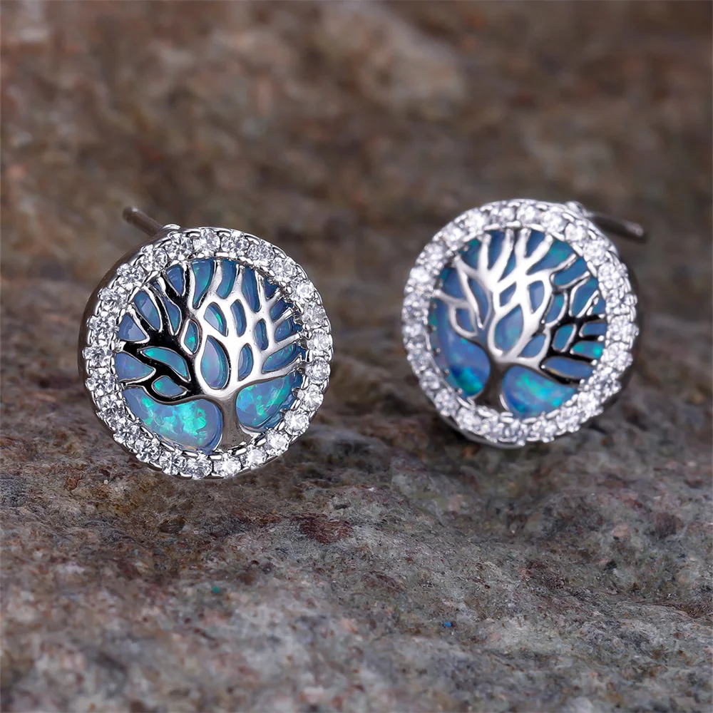 Blue Opal Round Stone Cute Life Tree Stud Earrings For Women Vintage Silver Color Wedding Jewelry Bridal Engagement Gifts