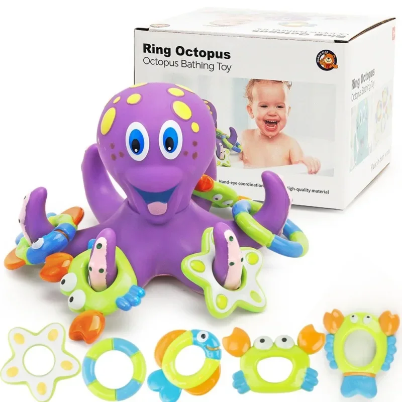 Rings Interactive for Bathroom Pool Bathtub Floating Purple Octopus Bath Toys for Toddlers with 3 Hoopla