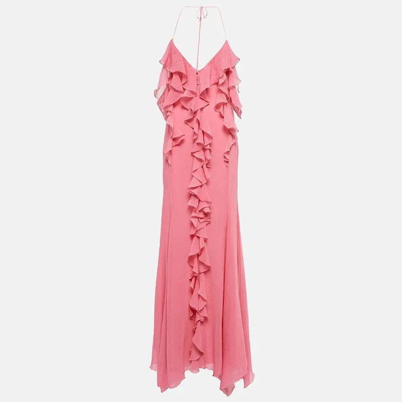 Elegant Suspender Solid Color Evening Dresses New Casual Sleeveless Hollow Out Beach Dress Stylish Ruffles Chiffon Maxi Dresses