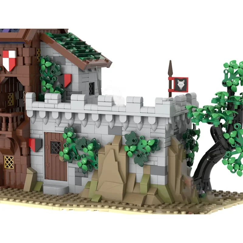 Moc medievale edificio di strada taverna casa in legno modello stabile assemblaggio fai da te giocattoli da costruzione regalo di compleanno per bambini