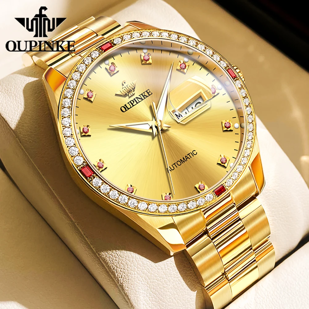 

OUPINKE Men's Watches Fine Steel Luxury Gold Original Automatic Mechanical Wristwatch Waterproof Luminous Date Week Sapphire New