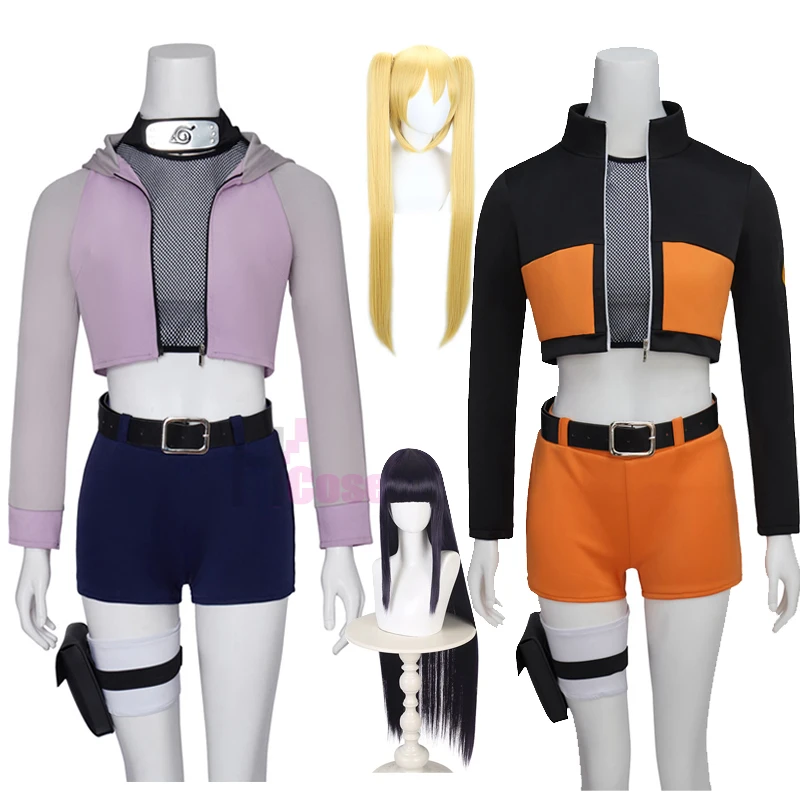 Hinata hyuga cosplay traje peruca uzumaki roupas femininas perucas longas jaqueta curta shortstop saco bandana acessório conjunto ninja vestir