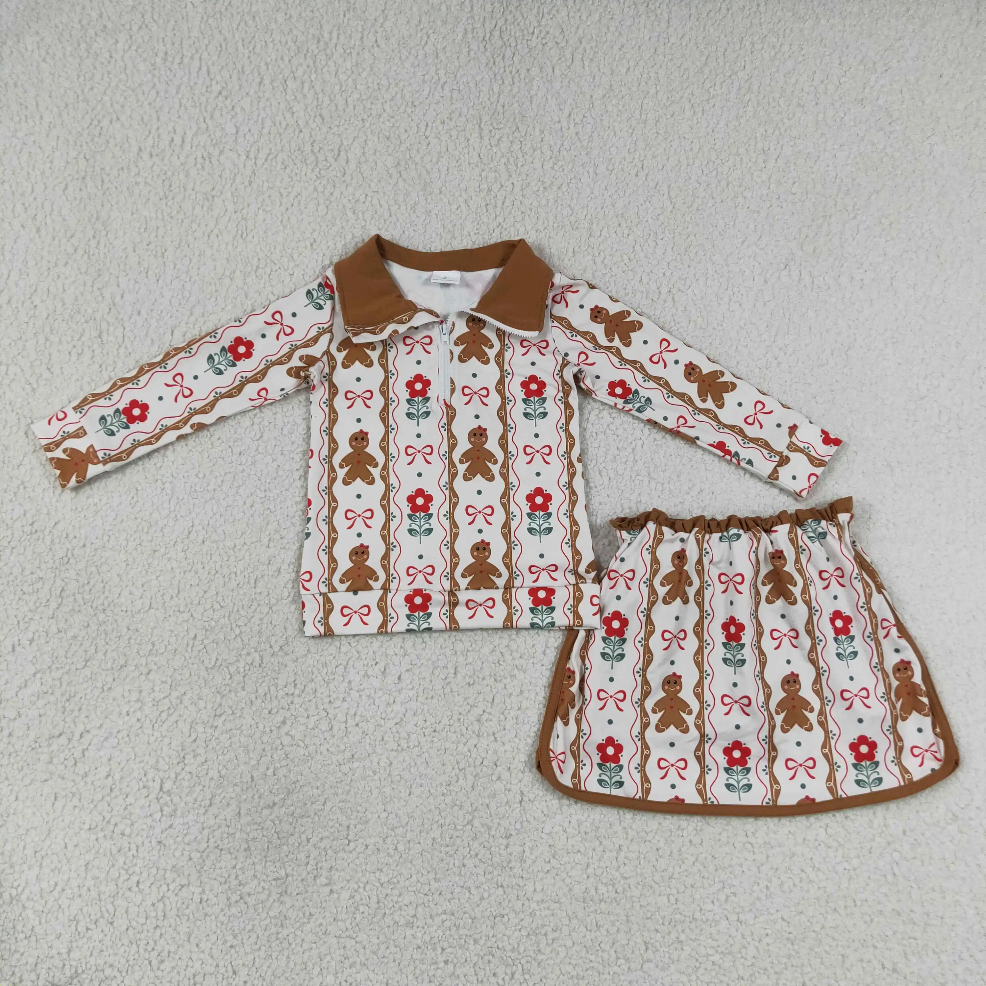 Wholesale Toddler Kids Christmas Set Long Sleeves Bows Flower Gingerbread Shirt Skirt Shorts Children Outfit Baby Girl Clothing