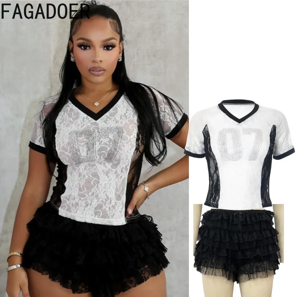 FAGADOER Seksowny koronkowy damski 2-częściowy strój przezroczysty siateczkowy patchworkowy top i plisowana spódnica garnitury Hot Girl Streetwear New