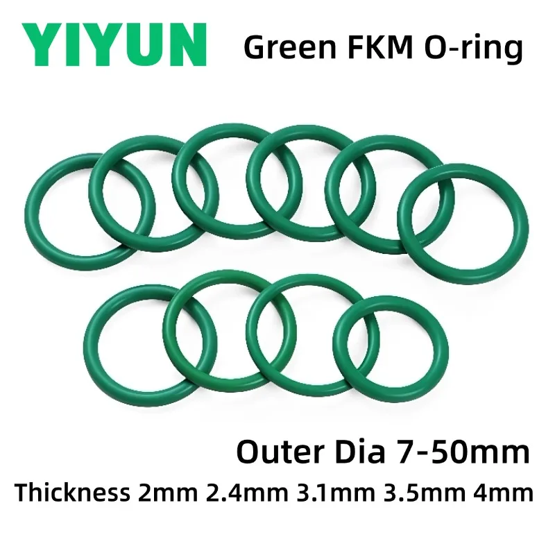 10-20PCS OD 7-50mm Green Fluorine Rubber O‑Ring Thickness 2mm 2.4mm 3.1mm 3.5mm 4mm Oil‑proof Heat Corrosion Resistant Gaskets