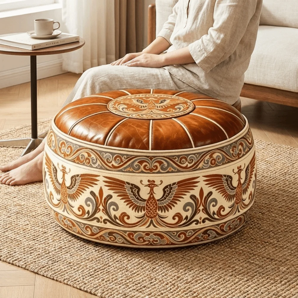 Retro Ethnic Style Sofa Stool Cover Phoenix Pattern PU Leather Pouf Cover Foldable Unfilled Storage Ottoman Bedroom