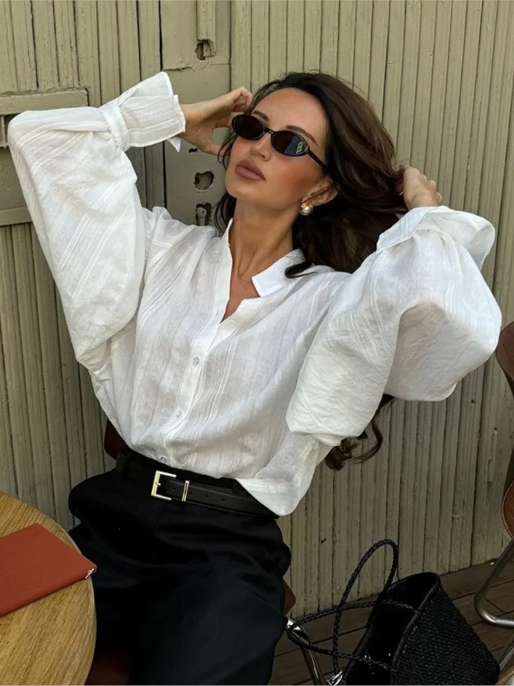 

Fashion White Shirt For Women 2025 New Summer Single Breasted Stand Up Collar Lantern Sleeves Blouse Simple Casual Loose Shirts