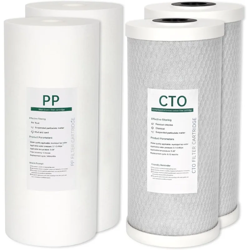 

Комплект для замены фильтров для воды для всего дома 4,5 x 10 дюймов, 2 полипропиленовых фильтра для удаления осадка, 2 угольных фильтра CTO, совместим с стандартными 10-дюймовыми фильтрами
