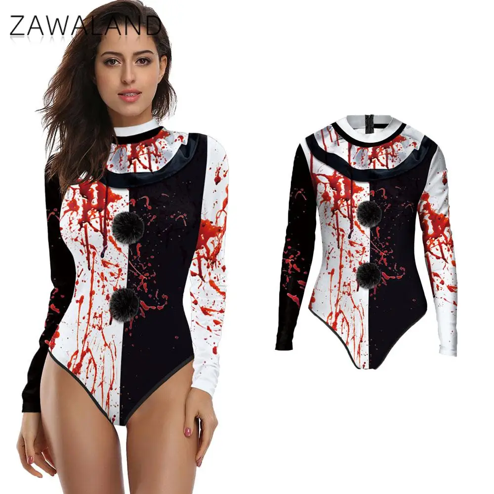 

Zawaland Halloween Clown Costume Swimsuit for Women Horror Blood 3D Printed Long Sleeve Jumpsuits Party Cosplay Clown Swimwear