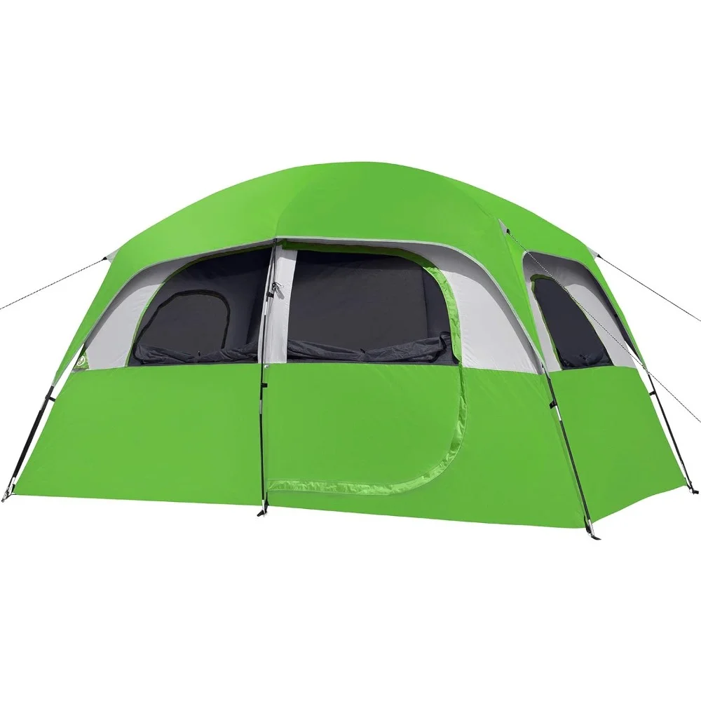 6Person-Camping-Tents, Waterproof Windproof Family Tent with Top Rainfly, 4 Large Mesh Windows, Double Layer, Easy Set Up