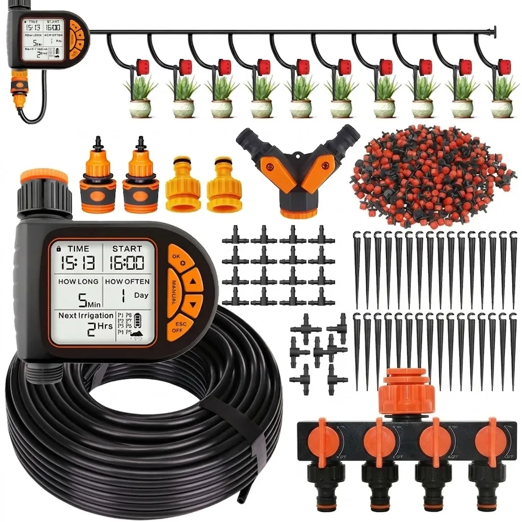 LCD Automatic Watering Controller 20M Smart Garden Timer Irrigation Set With Rain Sensor IPX5 Waterproof For Farm Gardens