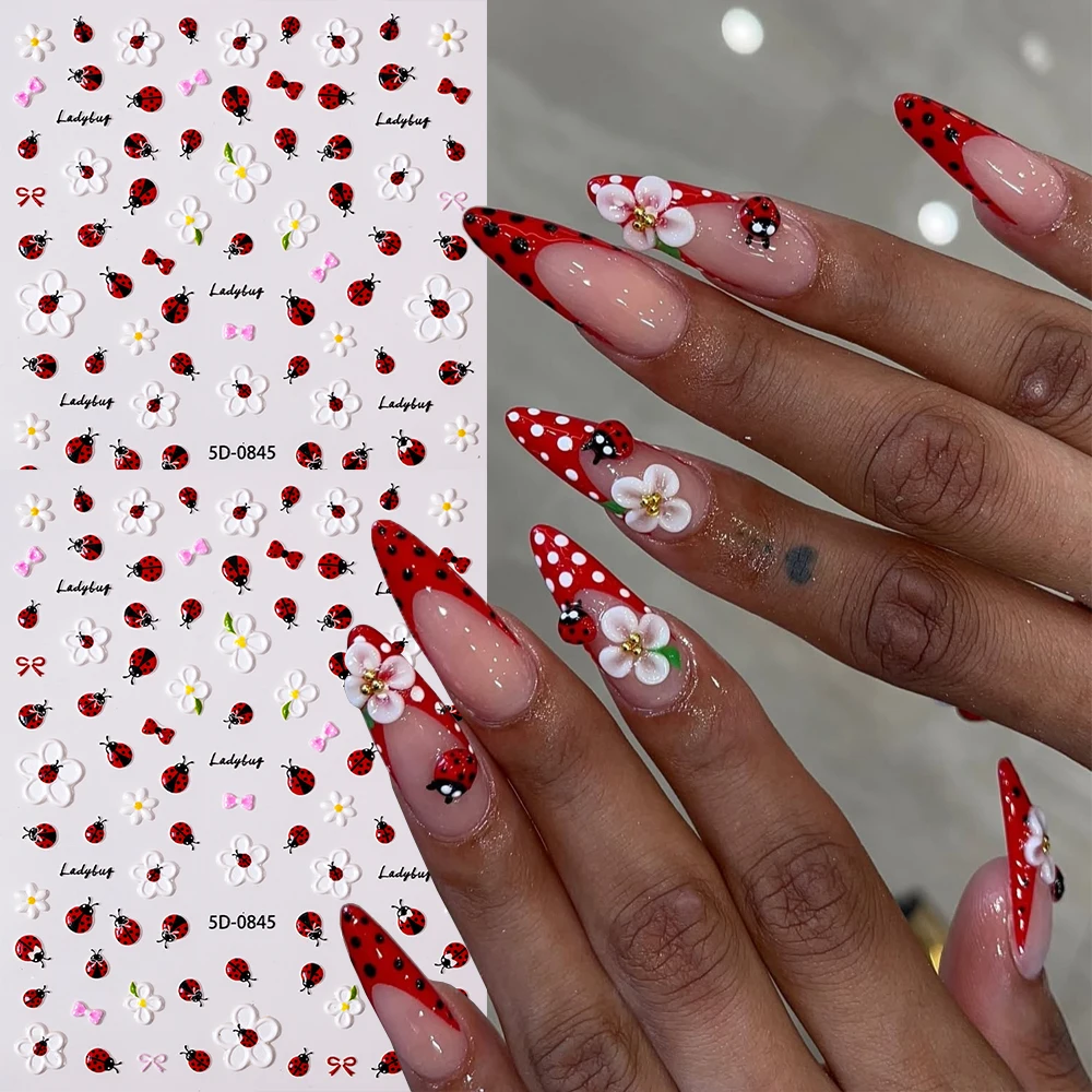 2pcs 5D Ladybug&bee Nail Stickers Set Cute Embossed White Daisy Bow Bees Beehive Design Nail Decals DIY Spring Summer Nail Decor