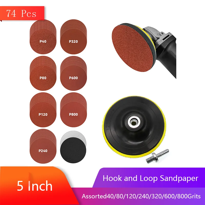 

5 Inch Sanding Discs 70Pcs Hook and Loop Sandpaper with 2Pcs Foam Buffering Pads, Angle Grinder Attachments with M10 Threads