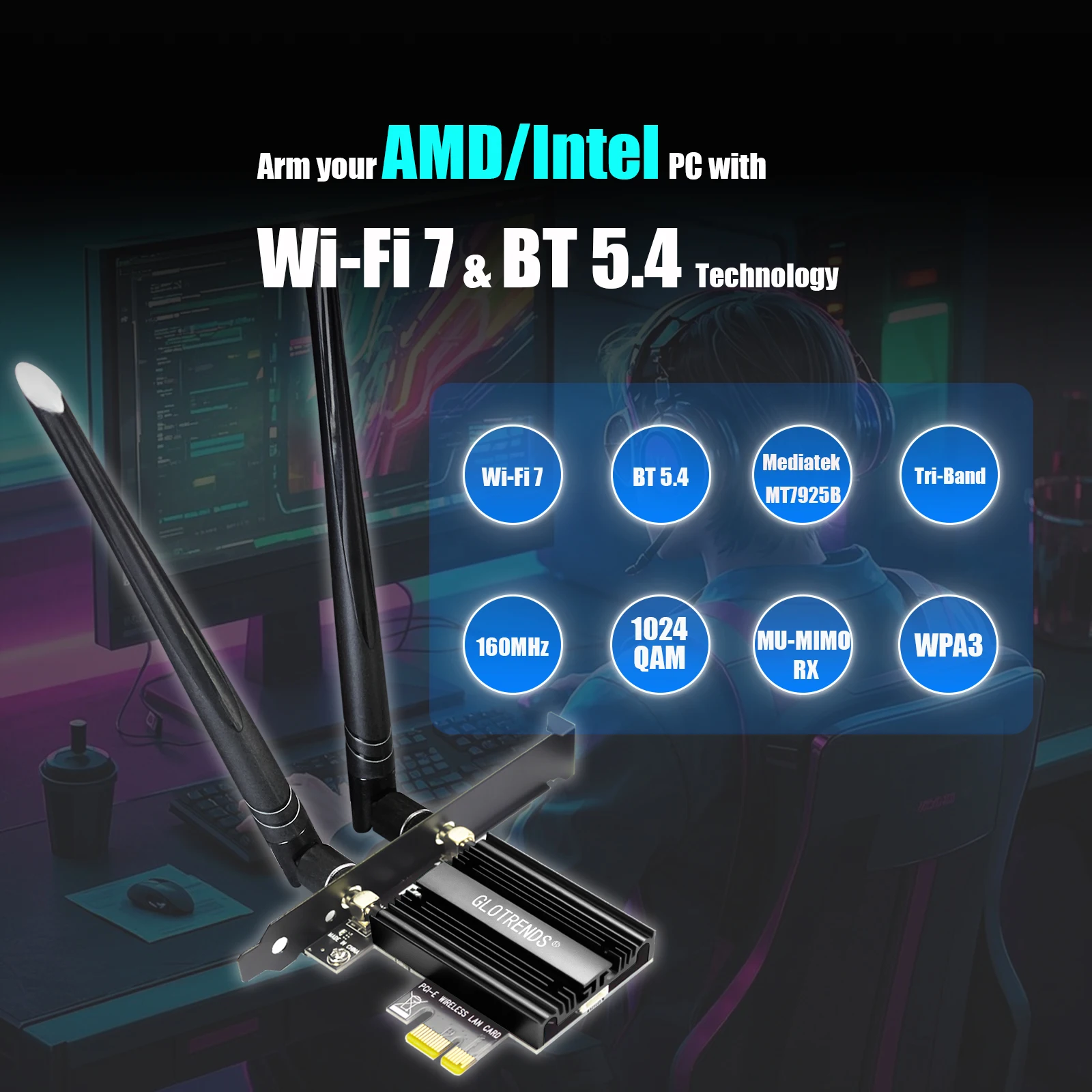 WiFi 7 PCIe Card for AMD/Intel Desktop PC with MT7925B Controller, Bluetooth 5.4