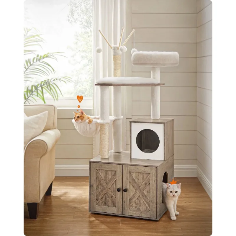 

WoodyWonders 2-in-1 Cat Tree with Litter Box Enclosure - Modern Cat Condo with Scratching Posts,