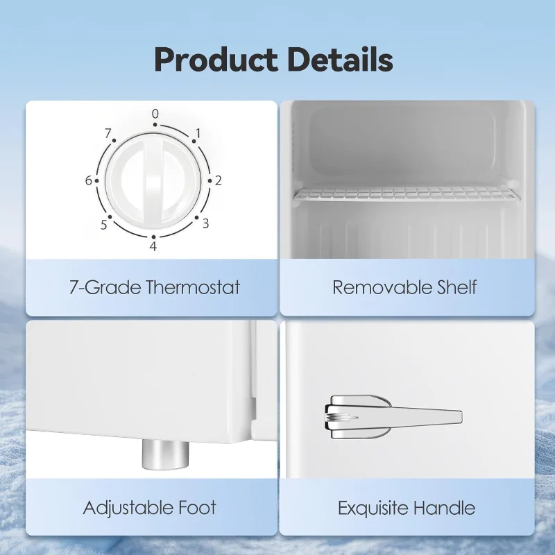 فريزر صغير، 1.2 قدم مكعب، فريزر مستقيم صغير بمقبض، أرفف قابلة للإزالة، 7 ترموستات قابل للتعديل، ضوضاء منخفضة