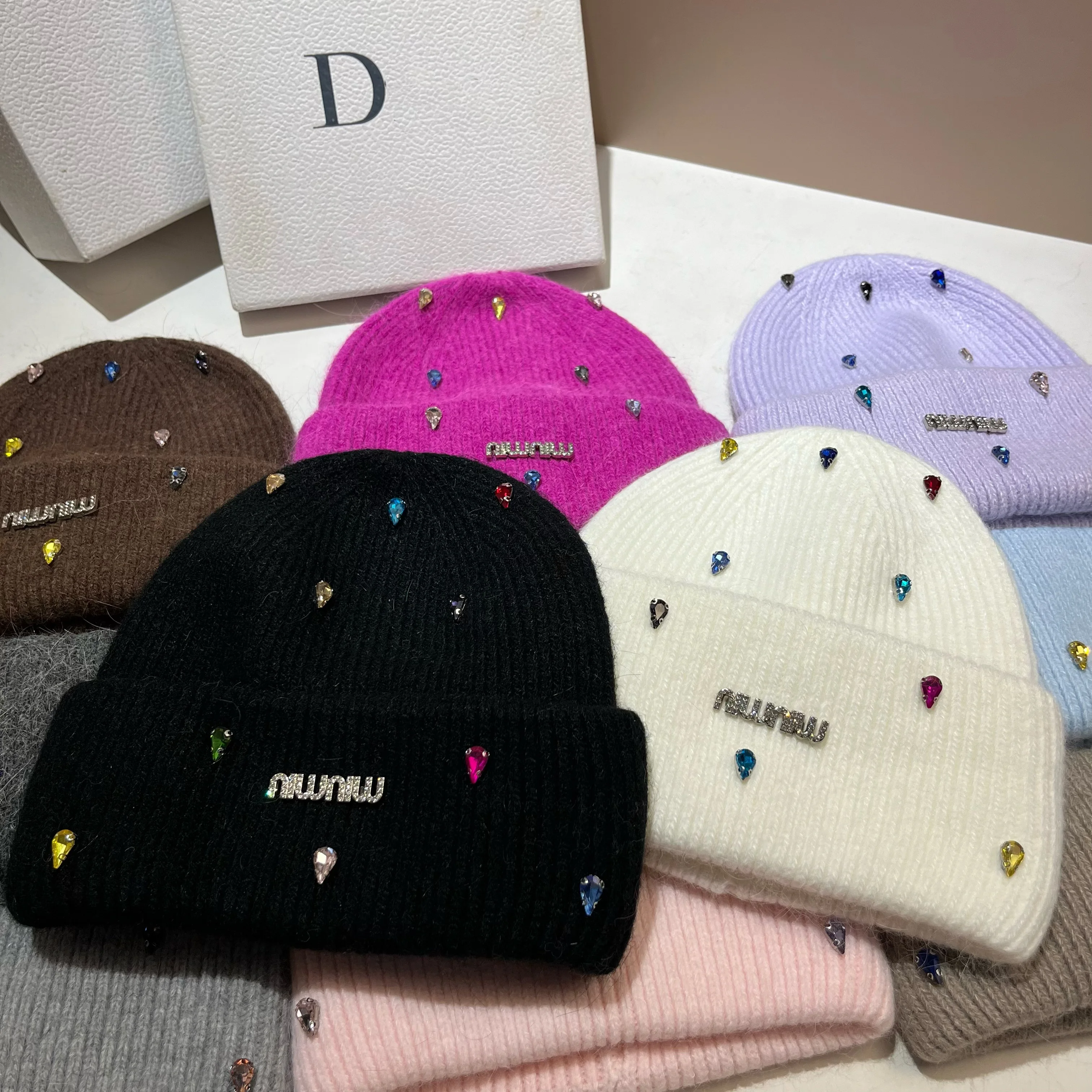 Paris Fashion Colored Water Diamond Rabbit Hair Knitted Hat Winter Thickened Warm Hooded Knitted Hat Sweet Girl Ear Protection H