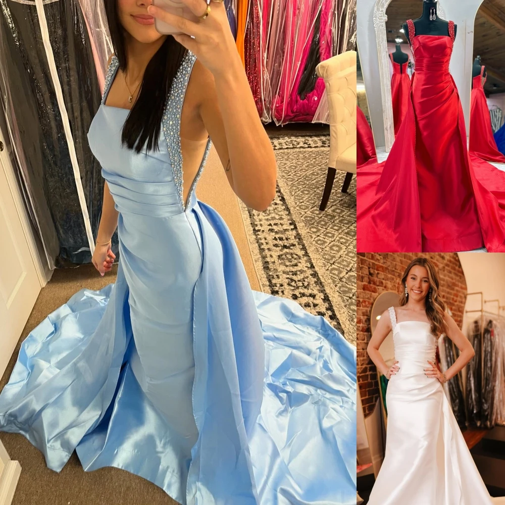 

Column Prom Dress Overskirt Beaded Straps Ruched Sky Blue Winter Formal Evening Party Gown Special Occasion Pageant Gala Oscar