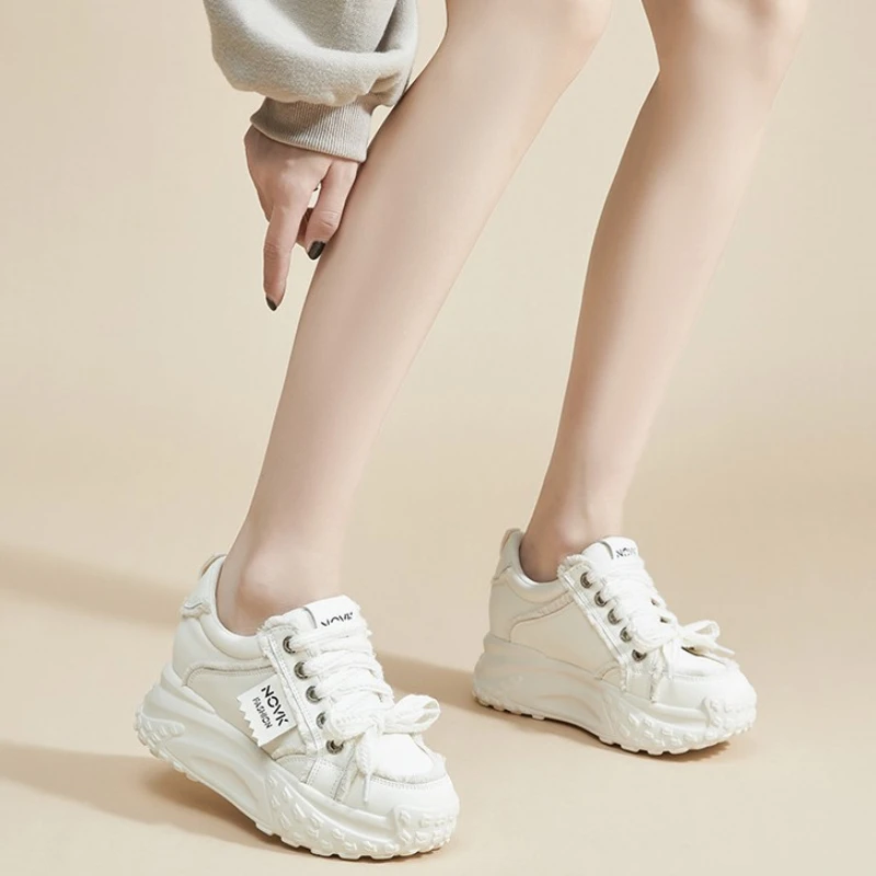 

Women'S Platform Chunky Sneakers Lace Up Design With Sport Tag Detail Two Tone Black And White White And Beige Colors Thick Sole