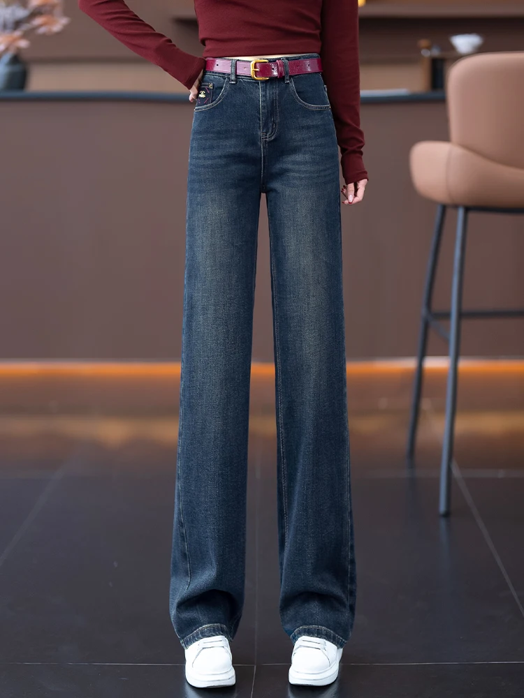 

Retro Embroidered Slim Fit Wide Leg Denim Jeans High Waist Loose Straight Cut Pants for Women Spring Autumn Casual Comfortable