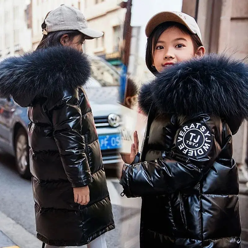

-20° Boys Girls Shiny Jackets Children Thicken Winter Long Coats Teen Windproof Warm Outerwear Kids Fur Collar Hooded Overcoat