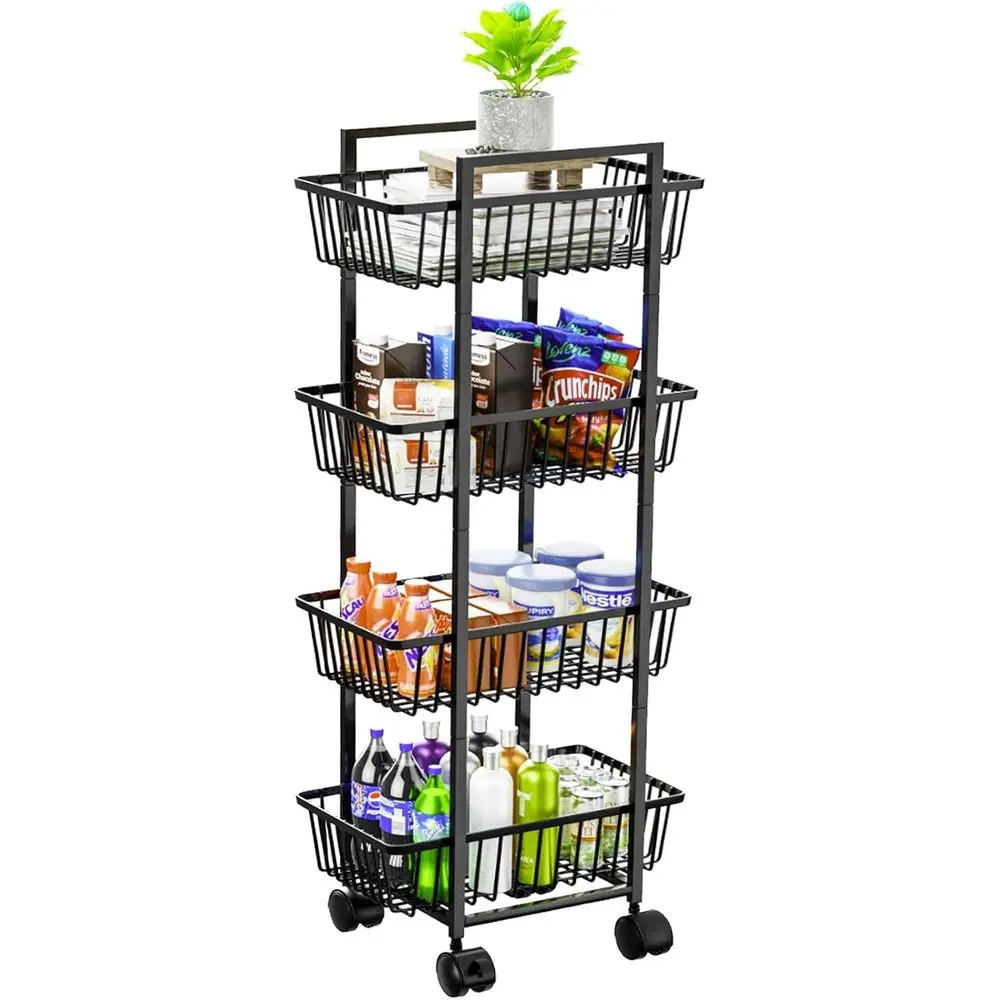 

4 Tier Rolling Vegetable Basket Cart, Metal Wire Kitchen Storage Organizer on Wheels