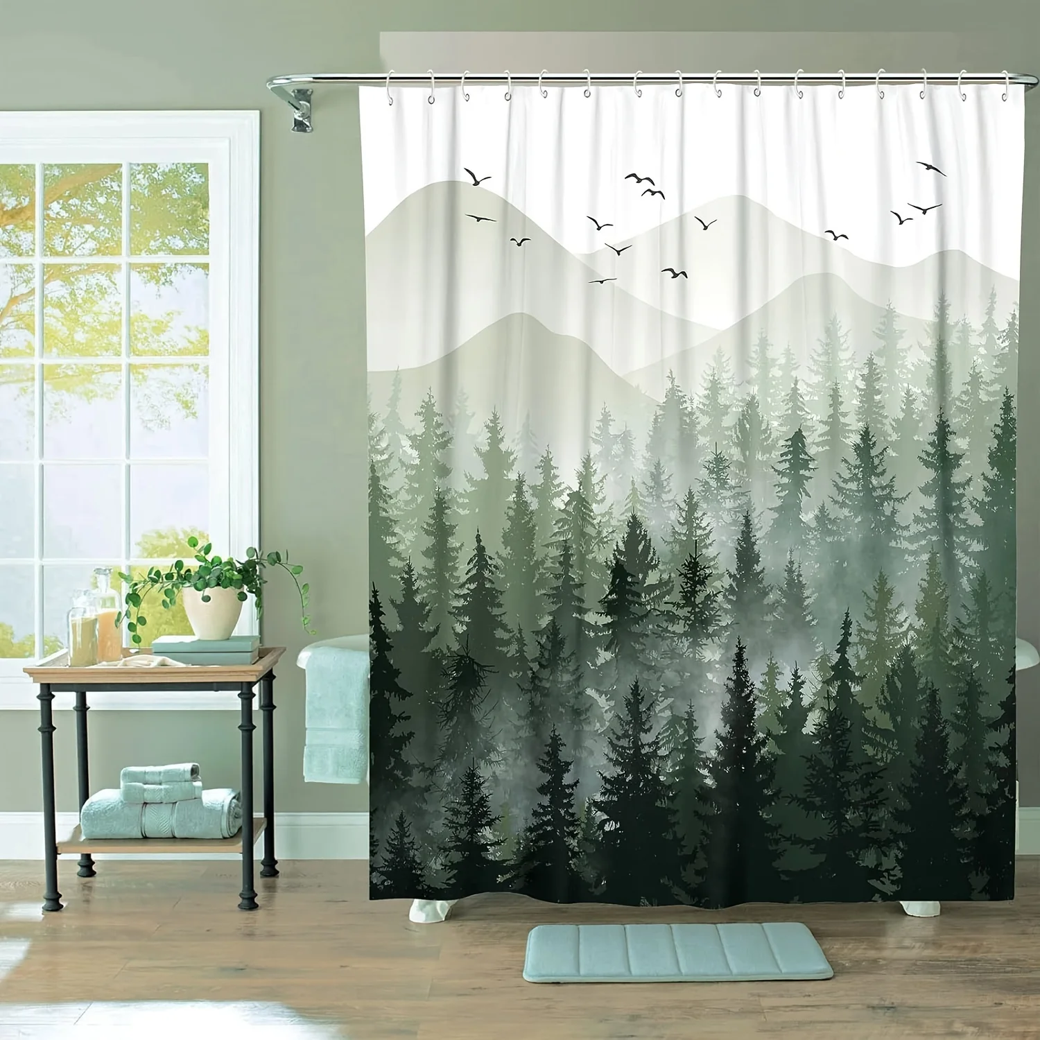 

Forest Retreat: уютная водонепроницаемая занавеска для ванны с молочными горами и летающими птицами, идеально подходит для любителей природы.