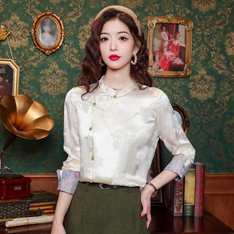 Fashion Long Sleeve Stand Collar Women Shirt Embroidery Chinese Style Shirt Blouse Women Tops  Blusas Mujer De Moda 2024 J822