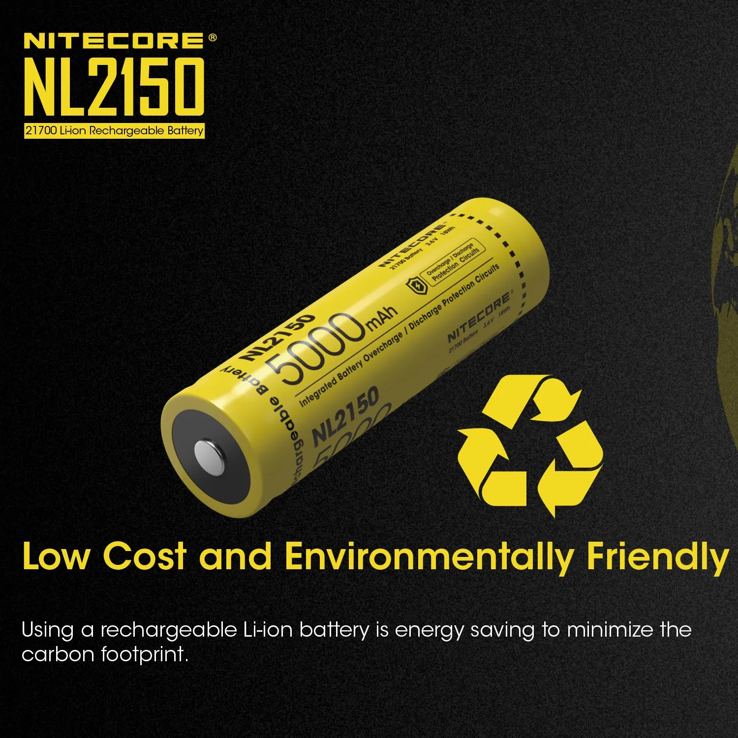 Next Generation Nitecore NL2150 Rechargeable Li-ion 21700 Battery 5000 mAh with CE & ROHS Certifications