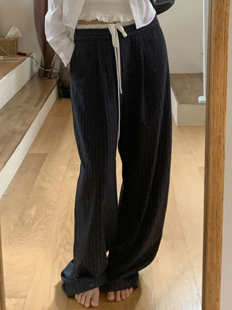 

Korean Sle High Waist Casual Pants Women's Chic 2025 New Retro Patchwork Stripe Wide Leg West Pants Slimming Trousers