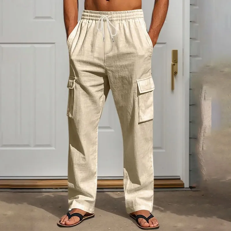 

Men's Four Season Thin Breathable Workwear With Multiple Pockets, Loose And Casual Trend Straight Leg Wide Leg Pants For Men