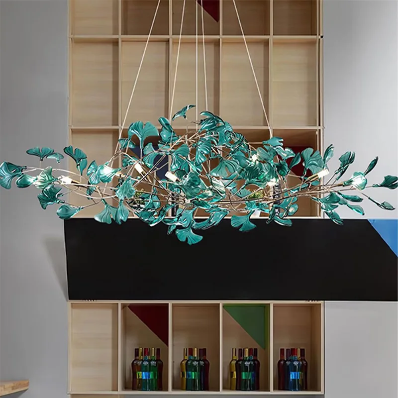 

American Luxury Ginkgo Leaf Glass Pendant Lamp Ideal for Stairwell Brass Green Brown Blue Finish Dimmable Ceilings