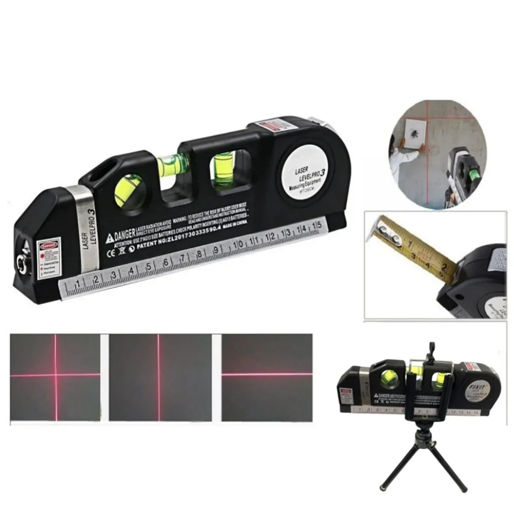 Laser Level Line Tool Multipurpose Laser Level Kit Standard Cross Line Lase 8 Feet Measure Tape Ruler With Metal Tripod Stand