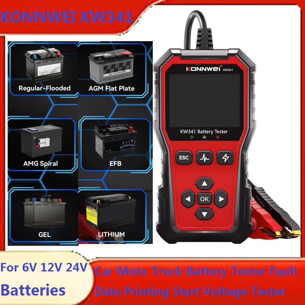 KONNWEI KW341 Car Battery Tester 6V12V 24V AMG GEL Battery Fault Data Printing Start Voltage Test Car Battery Charging Scan Tool