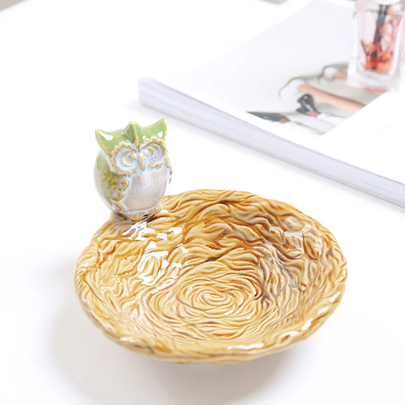 Wood Texture Ceramic Owl Bird Jewelry Tray, Multi-use Key Ring Storage Dish Vanity Entryway Table Decor Ornament