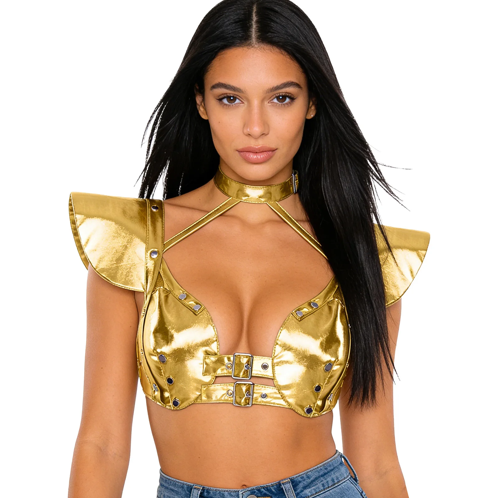 

Женский готический корсет-бюстье с регулируемыми пряжками, металлическим декором, рукавами-крылышками, укороченный топ с наплечными элементами для косплея, вечеринок и клубов