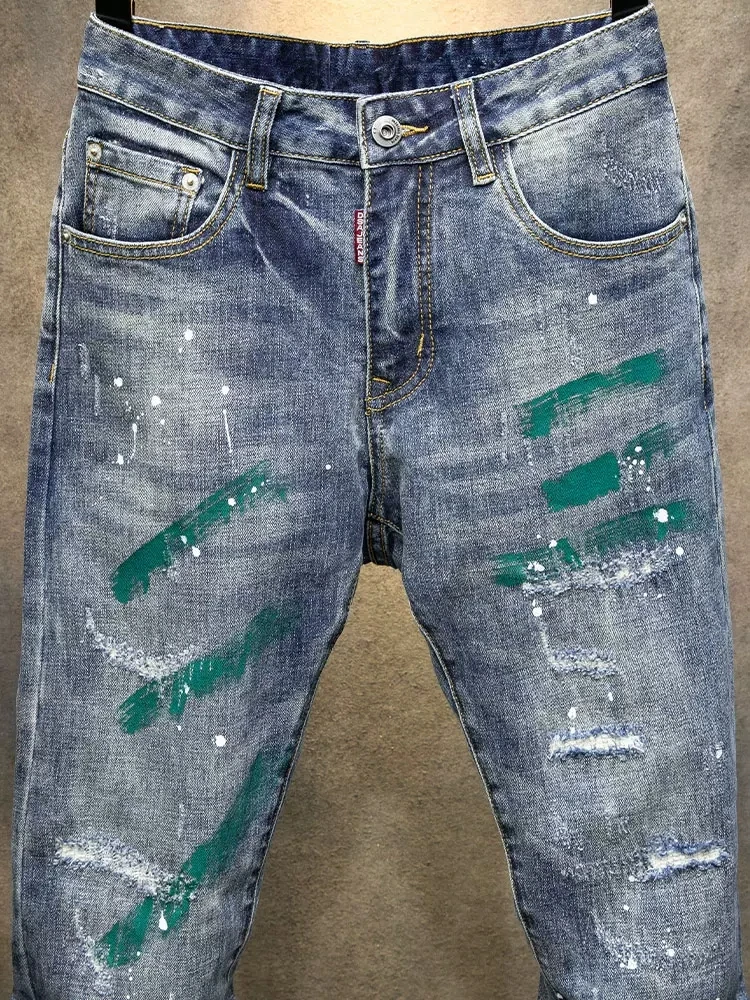 Street Fashion Men Jeans Retro Blue Elastic Stretch Skinny Ripped Jeans Men Painted Designer Hip Hop Denim Pencil Pants Hombre