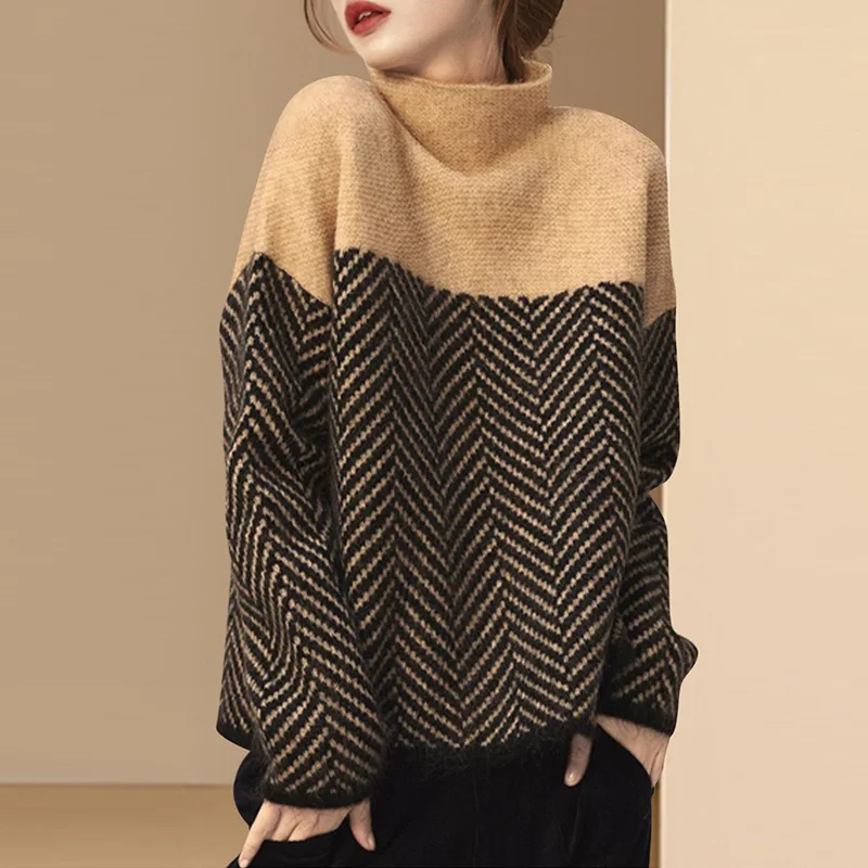 Retro color matching semi-turtleneck knitted sweater 2024 autumn and winter new loose inner pullover sweater