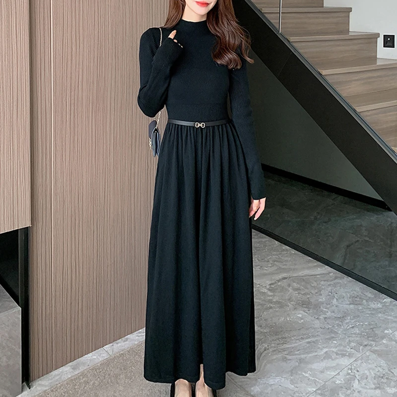 

BGTEEVER винтажное женское трикотажное платье трапециевидной формы с длинным рукавом и полувысоким воротником, осень-зима, стильное женское платье-свитер с поясом