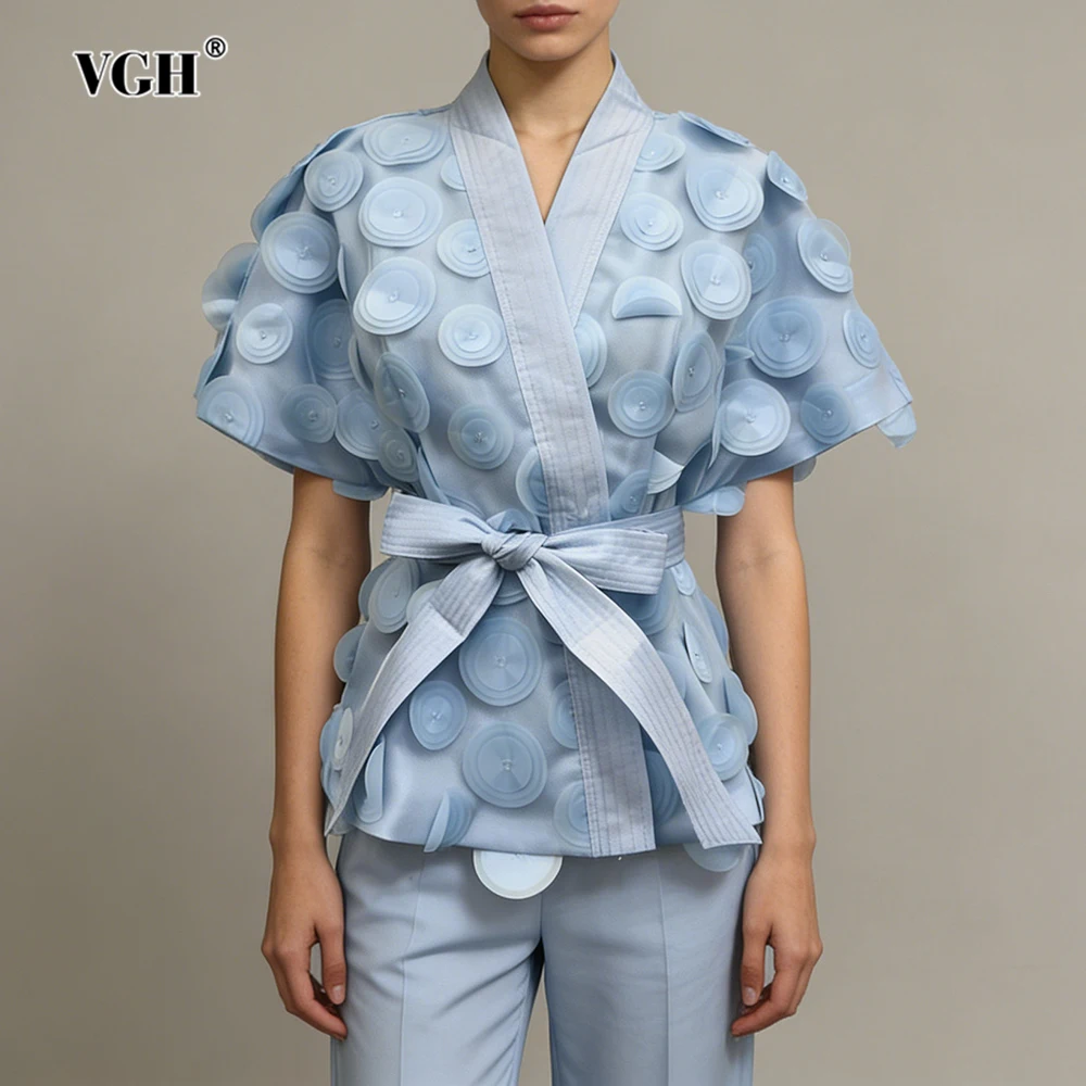 VGH Zwart Chic Gesplitst 3D Ronde Decoratie Shirt voor Vrouwen V-hals Korte Mouw Patchwork Lace Up Avondblouses Vrouwelijke Nieuw