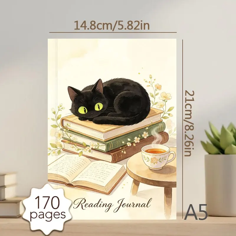 A5 Reading Journal,Cute Black Cat Illustrated, 170 Pages Daily Reading Planner for Book Reading Notes,Reading Tracker with  Log
